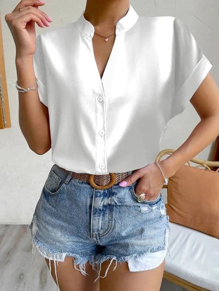 Summer Vneck Pullover Short Sleeved Female Solid Color Casual Shirt Womens Clothing Button Office Lady Blouse Tops 250203