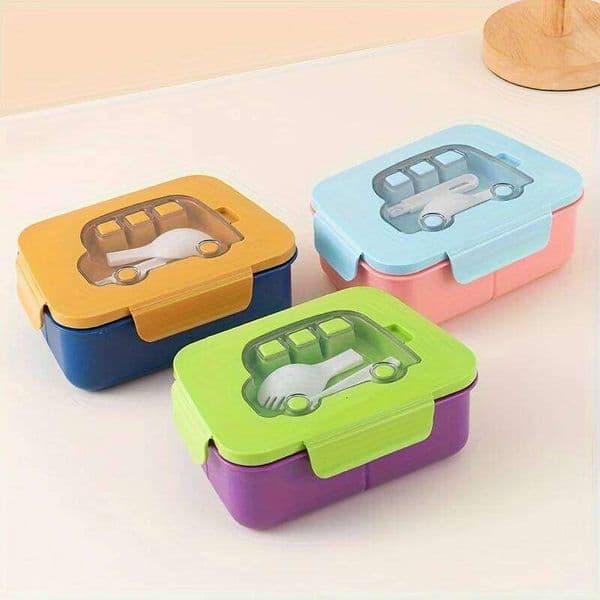 Colorful Youngsters' Lunch Box with Car Design - Leak-Proof, Durable Plastic, Microwave Safe,Food Storage Container for School 26L0204