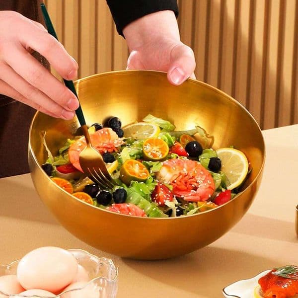 Large Capacity Stainless Steel Salad Bowls Korean Soup Rice Noodle Ramen Bowl Kitchen Food Container,Gold,20X9CM 26W0204