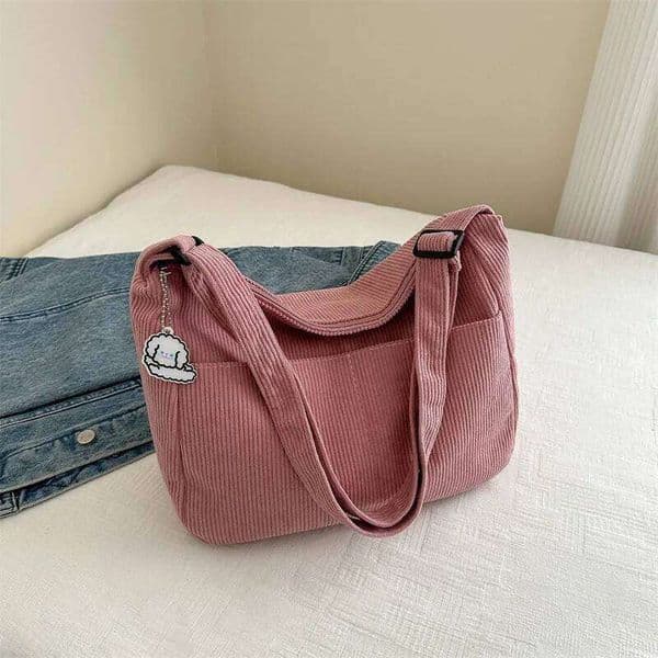 Womens Corduroy Shoulder Bag, Casual Striped Large Capacity Tote with Zipper Closure, Cute Hat Patch, Perfect for Everyday Use Z260204