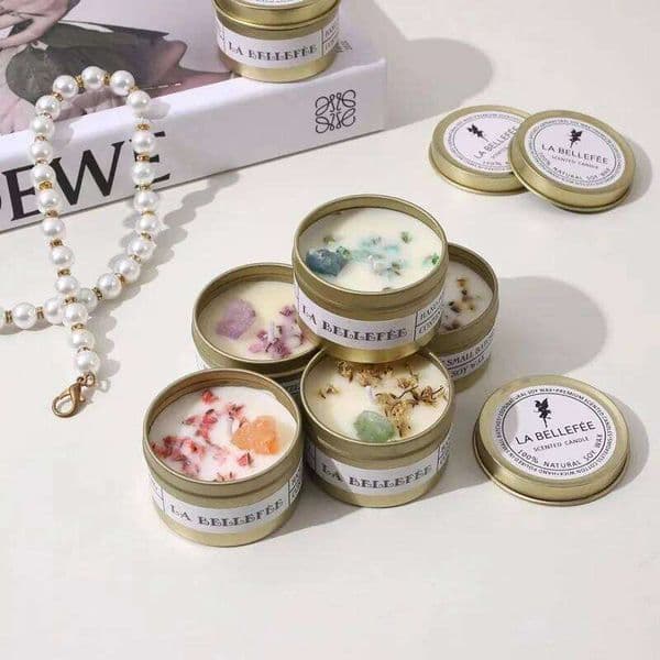 1PC Crystal Stone Aromatherapy Plant Essential Oil Soybean Iron Can Candle Dry Flower S260203