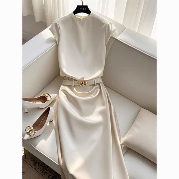 Basic Casual Dresses Elegant White Long Dress Female Round Neck Short Sleeve High Waist Cut Out Midi For Woman Clothing Fashion 230522