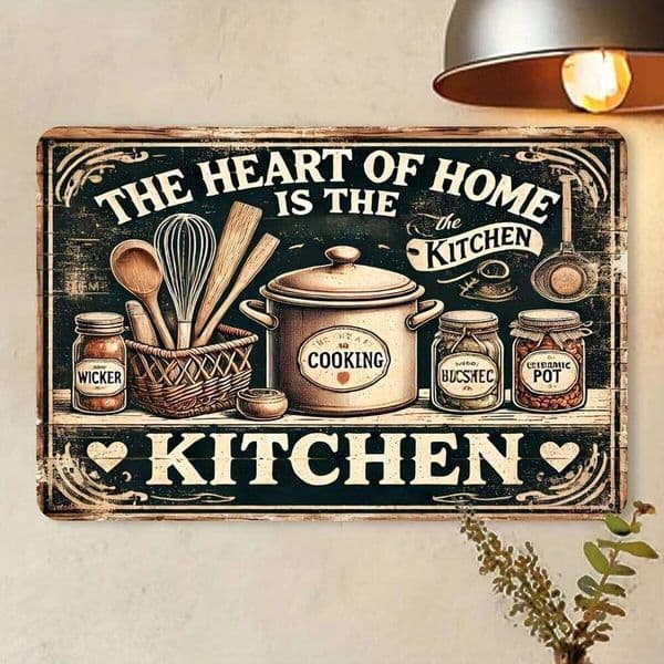 Iron Wall Hanging Sign "The Heart of Home is the Kitchen", Classic Retro Metal Plaque, , Waterproof & Dustproof, with No Elect 26Y0204