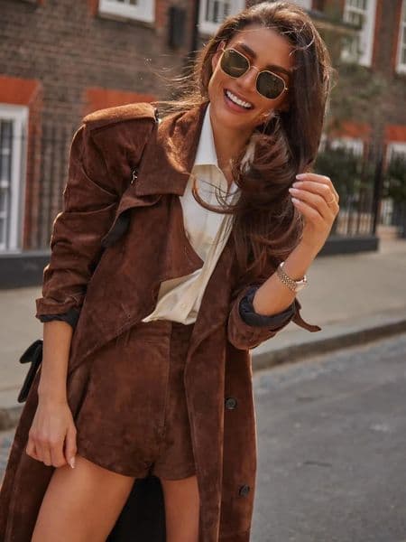Brown Suede Belt Trench Jackets For Women Fashion Lapel Long Sleeve Singlebreasted Coat Chic Autumn Lady Daily Commute Outwears 250203