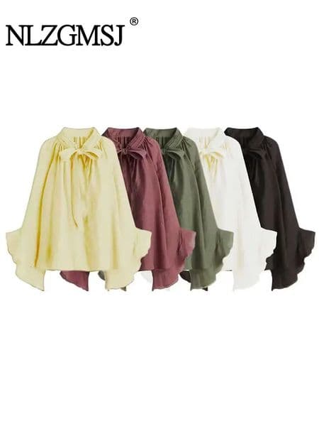 NLZGMSJ Bow DecorationLoose Long Sleeved Blouses For Women Fashion Ruffle Edge Shirts and Woman Top 250203BJ