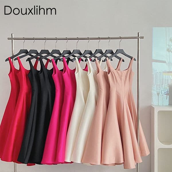 Douxlihm Free Shipping New Designer Clothing Real Shot Womens Fashion Waist Cinching Slimming Rose Red Mini Dress Strap Dress