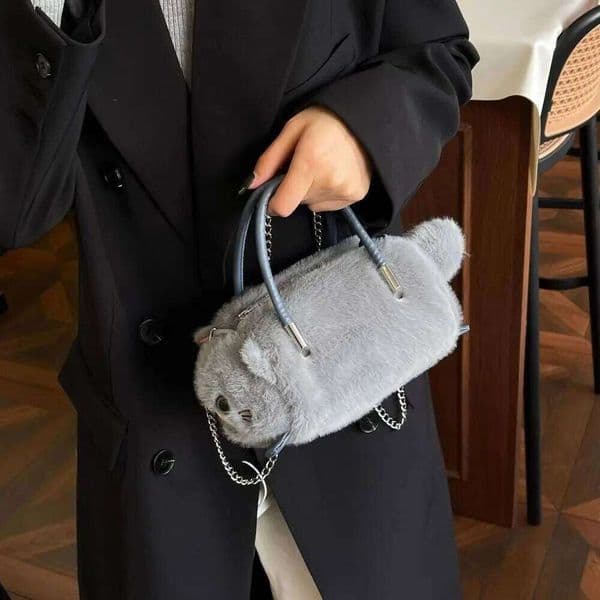 Cute Cat Handbag Plush Large Capacity Shoulder Crossbody Chain Strap Multicolor Bucket Fashion Women's Bag Z260204