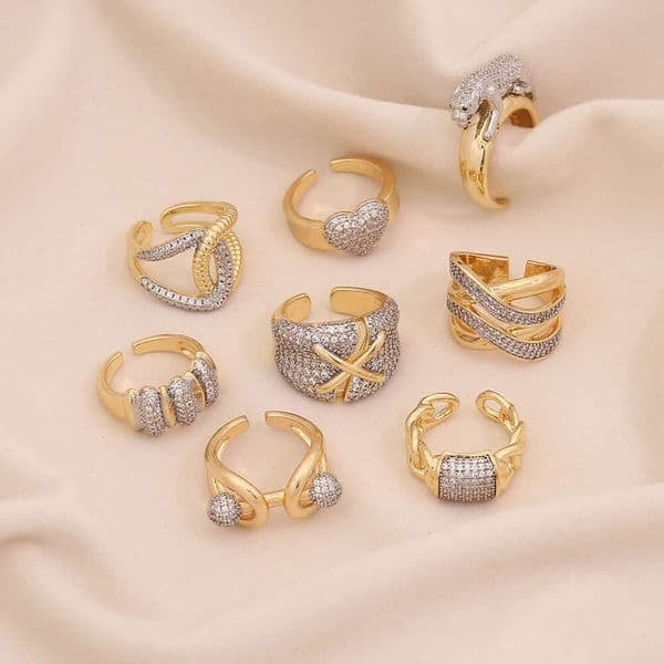 Ice Cute Golden Heart Zircon Geometric Metal Style Adjustable for Women Niche Creative Ring