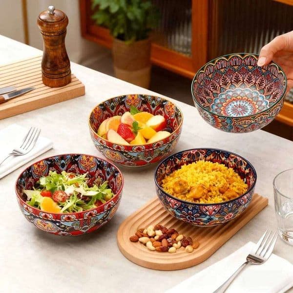 Vintage Hand-Painted Ceramic Bowl - Under Glaze Ethnic Style, Multi-Use for Salad, Dessert, Noodles & Baking 26W0204