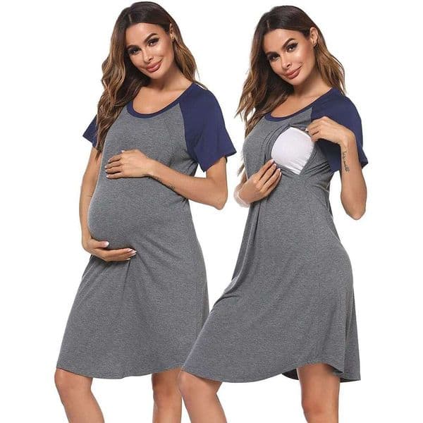 2026 New Maternity Wear Lip Shape Casual Stretch Comfortable Patchwork Round Neck Expectant Mother Nursing Short Sleeve Dress Pajamas Designer