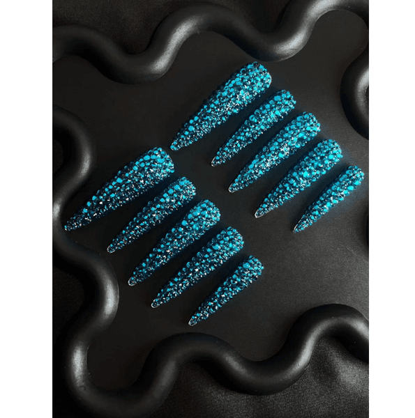 Blue Stiletto Press On Nails with Blue Rhinestones - Long Length Full Coverage Glossy Finish Luxury Bling Fake Nails for Party Concert Daily Use with Glue & File