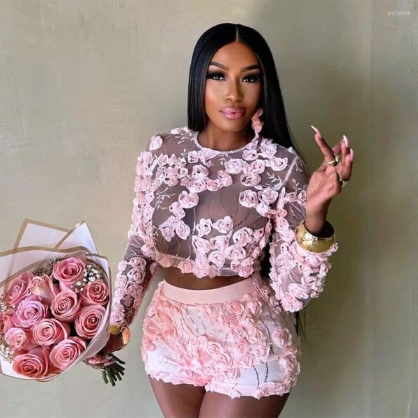 Women's Tracksuits HBLL Sexy 3D Flower See Through Sequin Embroidery Crop Top And Shorts Pink 2 Pieces Set For Woman Summer Birthday Party