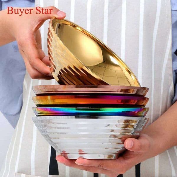Gold Ramen noodle Stainless Steel Instant Noodle Bowls Soup Rice Bowl with Chopsticks spoon Metal dinnerware Kitchen tools 26W0204