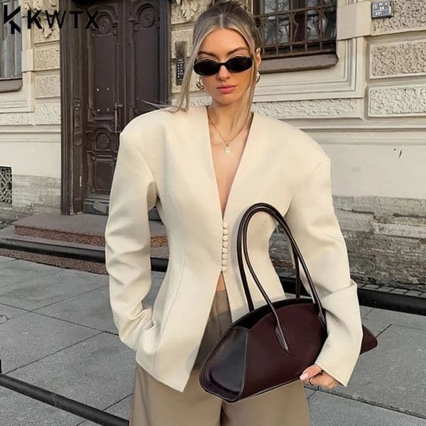 Kwtx 2026 Trendy Womens Ivory Blazer VNeck Slim Fit Tailored Jacket With Pearl Buttons Elegant Minimalist Style 250203BJ