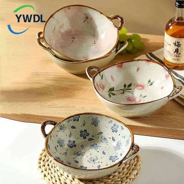 YWDL 700ml Ceramic Salad With Handle Kitchen Soup Noodle Bowl Fruit Plate Japanese Tableware Microwave Pan 26W0204