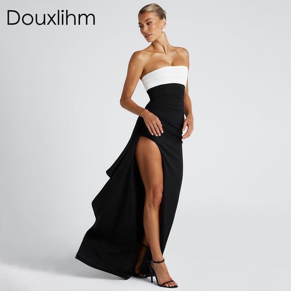 Douxlihm Free Shipping New Designer Clothing 2026 Spring Elegant Solid Color Off Shoulder Bodycon Waist Hugging High Slit Mini Dress