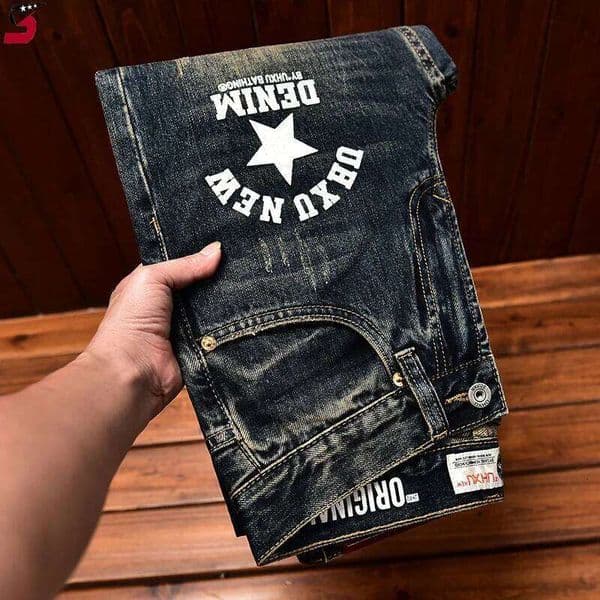 Jeans for Men 2024 Autumn Fashion Printing Stylish Worn Looking Washed-out Slim Retro Denim Long Pants H260204