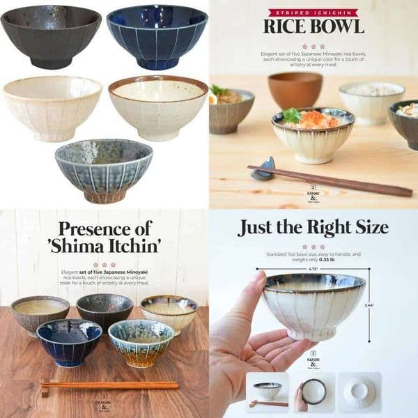 Japanese Ceramic Striped Rice Set of 5, Deep Soup Eating Bowls with 3D Lines, Convenient and Stylish Kitchenware 26W0204