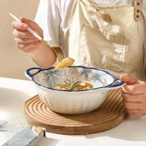 Ceramic Household 10 Inch High Aesthetic Double Ear Anti Scald Relief Soup Bowl Underglaze Color Process 26W0204