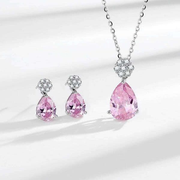 925 Sterling Silver Set Shiny Rose Quartz Zircon Women Necklace Earrings Birthday Wedding Party Jewelry Gift Z260204