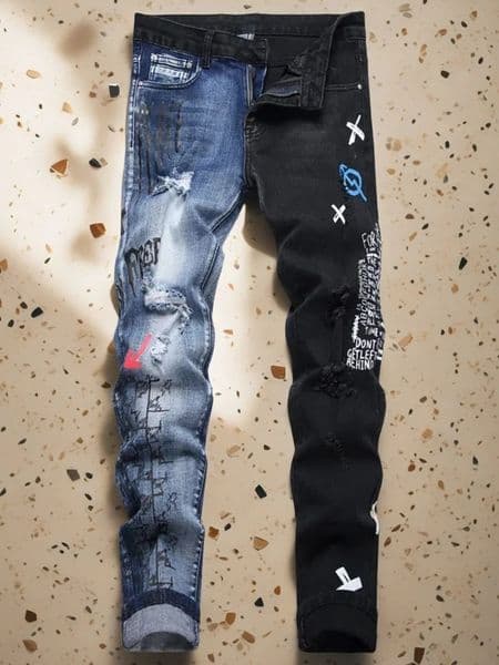 Mens Ripped Letter Print Stretch Small Feet Straight Slim Patchwork Jeans Comfortable Skinny Bike 250203BJ
