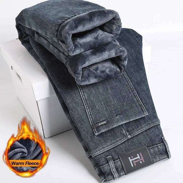 Winter Fleece Lined Warm Men's Jeans Slim Straight Korean Velvet Denim Pants Retro Soft Thick Casual Trousers Daily Outdoor Wear H260204