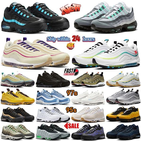 With Box Mens 95s 95 Running Shoes Womens 97 97s Sneakers Designer Trainers Triple Black White Blue Cork Metallic Silver Orange Ghost Picante Red Outdoor Sport Shoes