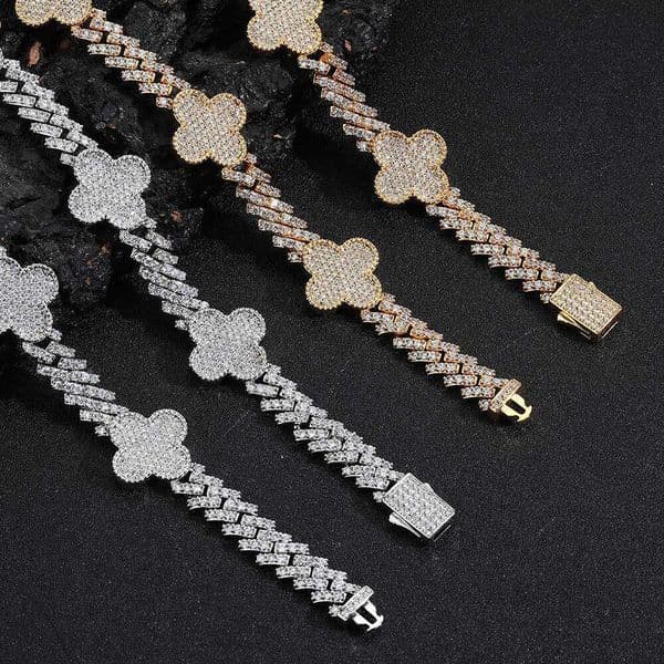 European and American Hip-Hop Spring Buckle Four-Leaf Clover Zircon Rhombus Cuban Chain Men's Necklace High-End Versatile Bracelet