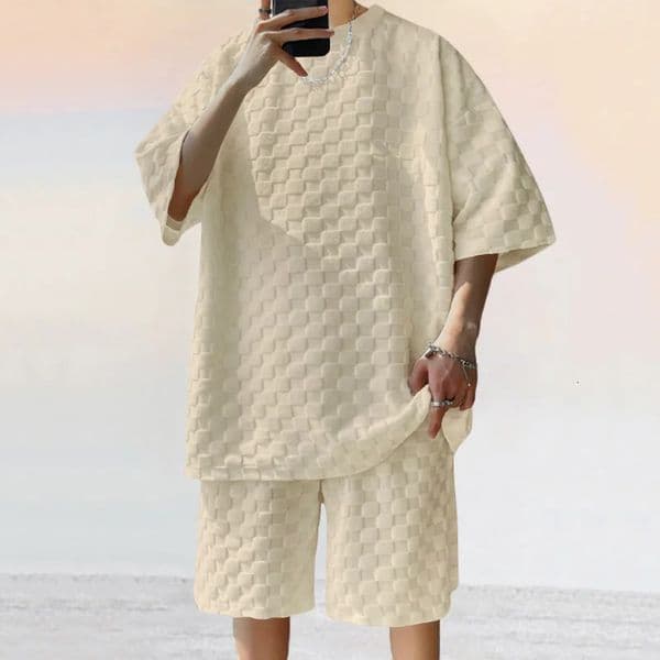 European and American Oversized Fashion Mens Summer Chessboard Plaid Loose Sports Leisure TwoPiece Set 260204