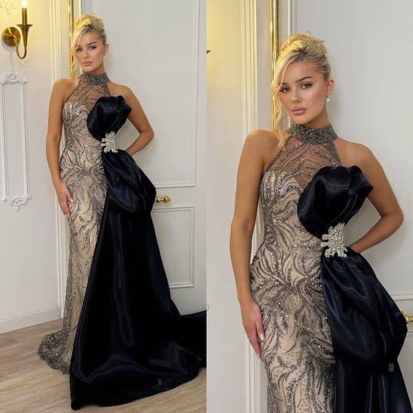 Graceful Evening Dresses Sequins Mermaid Prom Dress with Detachable Side Train Crystal Sleeveless Party Gown Vestidos De Noche Plus Size