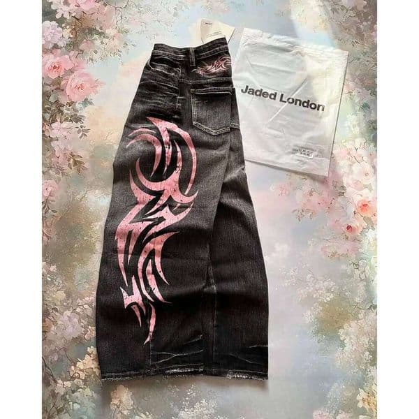 2025 New Fashion Oversized Pink Printed Hole Design Jeans Men Street Retro Hip Hop Popular Casual High Waist Wide Leg Pants L260205