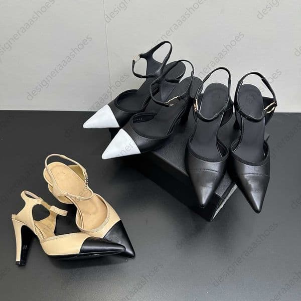 New fashion designer heels slingbacks high heels women sandals designer shoes real leather designer sandals summer shoes mirror quality pointed toes black white