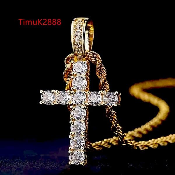 Wholesale Women Hip Hop Cross Pendant Necklace Brass Setting Moissanite Stones Moissanite Cross Chain Necklace Jewelry