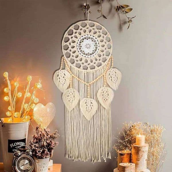 1pc Bohemian-style Hand-woven Creative Natural Wood Bead Leaf Round Tapestries, for Home Living Room and Bedroom Wall Decoration 26H0205