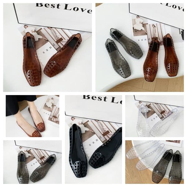 Designer Womens Square Toe Hollow Flat Sandals Transparent Breathable Summer Casual Beach Shoes for Daily Wear Transparent White Brown Black
