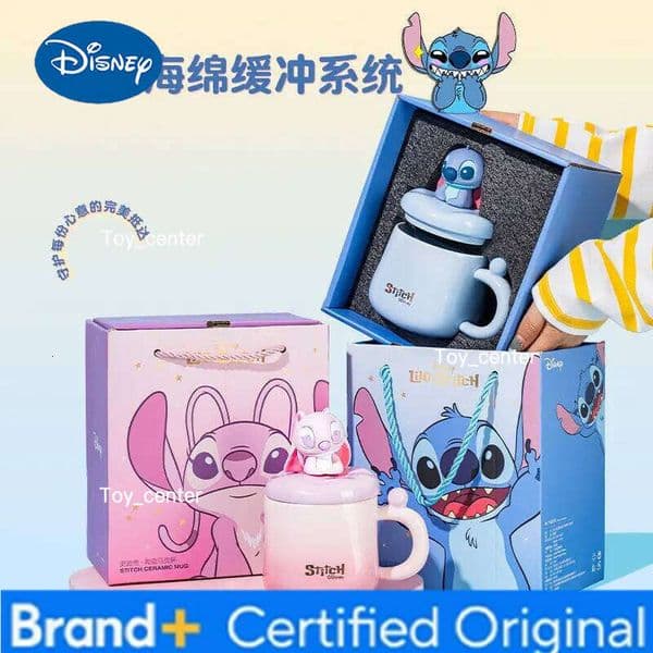 Disney Hot Official Stitch Ceramic Mug With 3d Figurine Lid Couple Set Practical Birthday Water Cup For Men Women Gift Box H260205