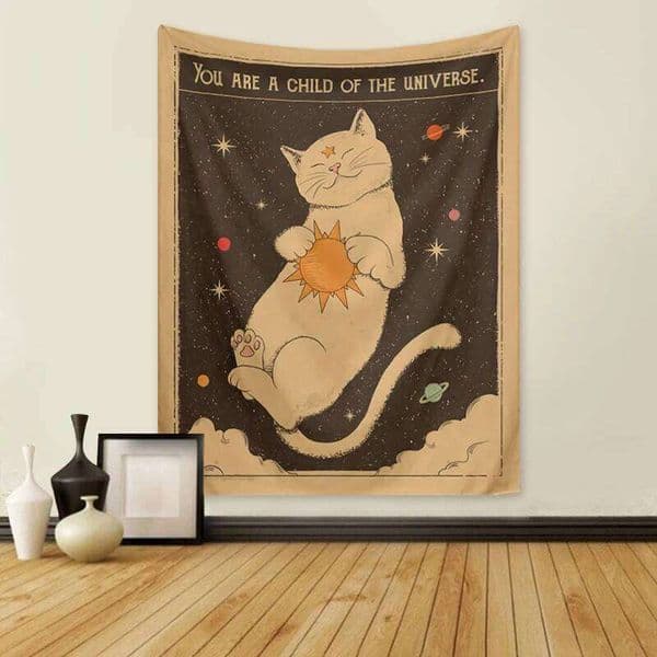 1pc Tarot Moon Phase Sun Universe Starry Sky Tapestry, Cute Cat Wall Hanging 26H0205