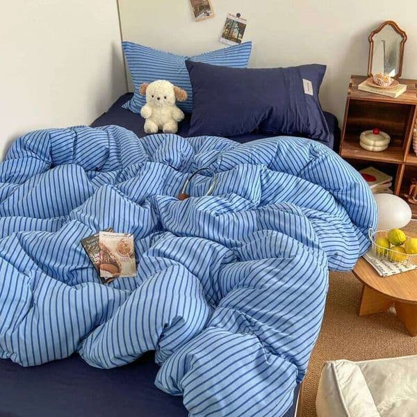 Bedding Set INS Blue Stripe Style Duvet Cover Pillowcase with Bedsheet Home Bedclothes Boys Girls Room Bed Sheet Sets 26Y0205
