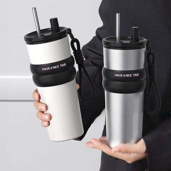 Stainless Steel Vacuum Insulated with Straw, Leak-proof Thermos Hot Cold, Portable Water Bottle for Travel & Sports 26L0205