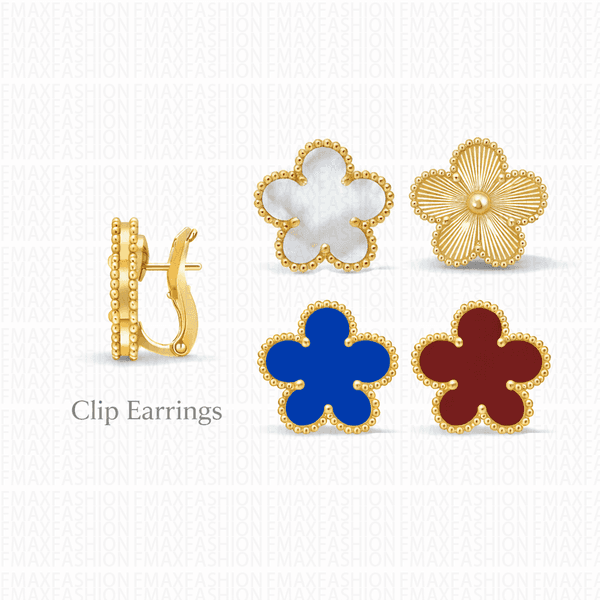 High Quality Floral Clip Earrings Gold Textured Guilloche Pattern Full Diamond Lucky Flower Studs for Women Premium Jewelry No Piercing