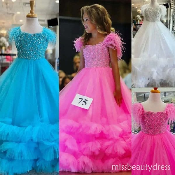 Bubblegum Girl Pageant Dress New Feather Shoulder Crystal Tiered Aqua Tulle Little Kid Fun Fashion Runway Drama Cocktail Gown Toddler Teen Preteen Miss Sugar
