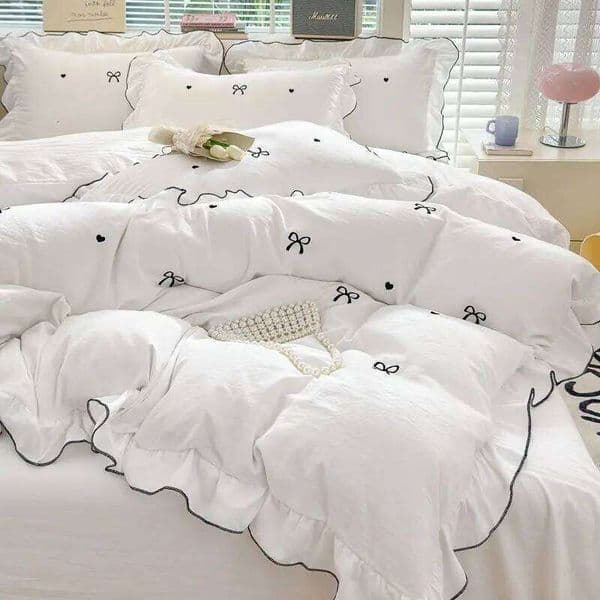 French Ins Princess Style Lace Four-piece Washed Cotton Embroidered Quilt Cover Set Bow Girly Heart Bed Sheet Three-piece 26Y0205