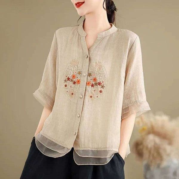 New Arrival Women Summer Casual Shirt Vintage Style V-Neck Floral Embroidery Loose Female Half Sleeve Tops Shirts