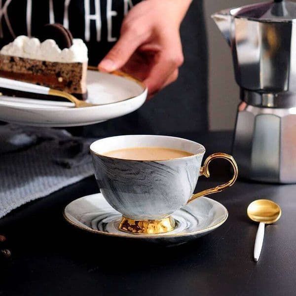 Nordic Minimalist Marble Patterned Ceramic Coffee and Plate English Afternoon Teacups Home Kitchen Drinkware Mugs Tea Cup 26W0204