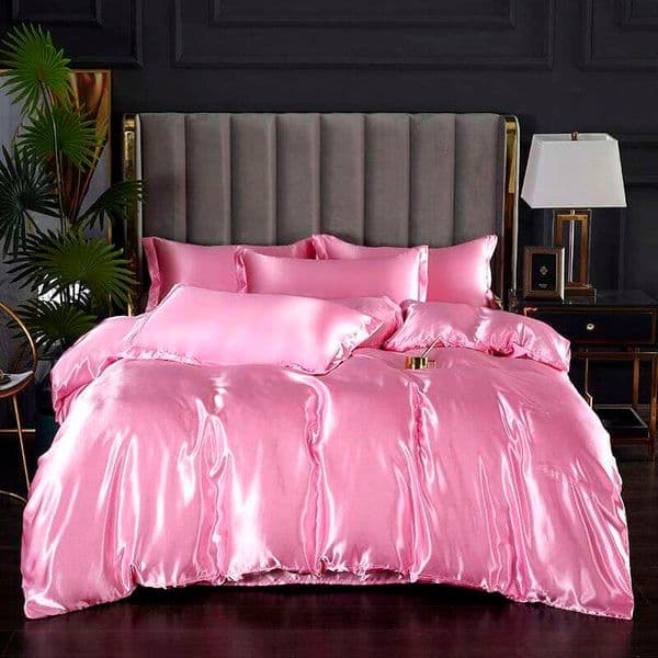 3-Pieces Silky Satin Duvet Cover Set Queen Size Soft Smooth Durable Comforter Covers Pink Solid Color Luxury Bedding with Zipper 26Y0205