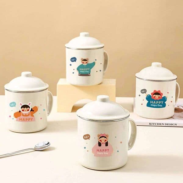 304 Stainless Steel Coffee Mug with Lid And Handle Cartoon Double-layer Insulated Anti-Scalding Drinking Cup for Kids Drinkware 26W0204