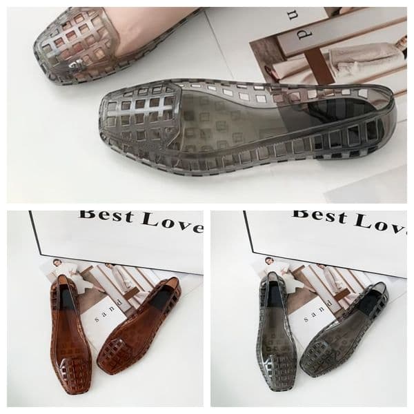 Designer Womens Jelly Sandals Hollow Out Square Toe Flat Heel Waterproof Breathable Summer Beach Casual Shoes Lady Sandal Transparent White Gray Black Brown