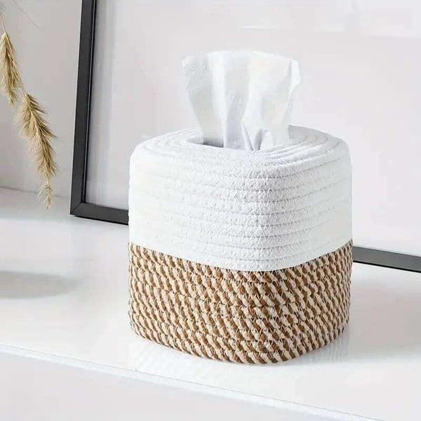 1pc Cotton Thread Square Desktop Napkin Decorative Multi-functional Hand-woven Basket Tissue Storage Box 26Y0204