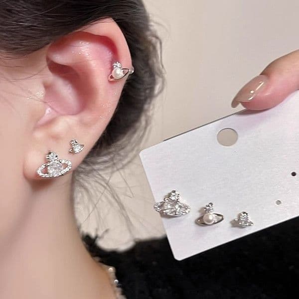 Earrings Set for Women S925 Silver Needle Saturn Pearl Zircon Studs Fashion Versatile 3 Pairs Ear Jewelry for Daily Wear