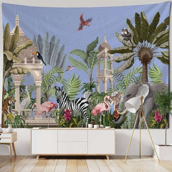 Bohemian Hippie Flower Bird Oil Painting Tapestry Animal & Plant Art Wall Hanging Cloth for Bedroom, Living Room, Home Decor 26H0205